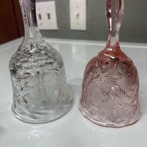 Vintage Set of Two Glass Bells - Crystal etched and Pink depression.